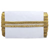White clutch with gold decorative trim on a white background