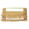 Gold woven clutch with fringe on a white background