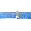 Blue webbing strap with a metal ruler for measurement on a white background
