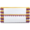 Decorative trim with purple and gold fringe on a white background
