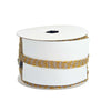 Spool of white ribbon with gold and silver pattern on a white background