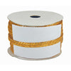 Spool of white ribbon with gold braided edge on a white background