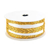 Spool of gold ribbon with white stripes on a white background