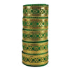 Stack of gold and green bangles on a white background