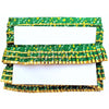 Green and yellow patterned fabric ruffled valance on a white background