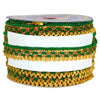 Spool of green and gold decorative ribbon on a white background