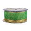 Spool of green ribbon with gold edge on a white background