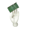 Green and gold decorative ribbon on a white mannequin hand against a white background