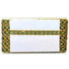 Clutch bag with gold and green pattern on a white background