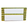 Decorative green and yellow trim with a white card on a white background
