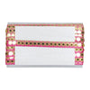 White card with pink and gold decorative border on a white background