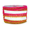 Roll of pink and gold decorative ribbon on a white background