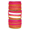 Three spools of pink and gold ribbon stacked on a white background