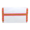 White clutch with pink and gold striped handle on a white background