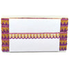 Decorative table runner with purple and gold lace on a white background