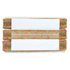 Colorful woven clutch with a white center on a white background