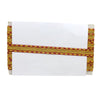 White pouch with gold and red patterned strap on a white background