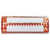 Decorative name tag holder with red and gold accents on a white background