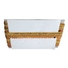 Decorative white box with gold and orange trim on a white background