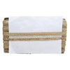 White clutch with gold decorative trim on a white background