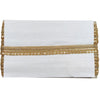 White clutch with gold trim on a white background