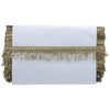 White clutch bag with gold fringe on a white background