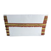 White rectangular card with decorative red and gold border on a white background