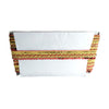 White pouch with colorful woven top on a white background
