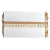 White clutch bag with gold tassel detail on a white background