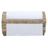 White clutch with gold woven strap on a white background