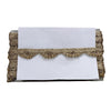 Gold clutch with a white card on a white background