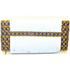 White pillow with blue and gold decorative trim on a white background