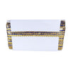 White tablecloth with gold and blue decorative trim on a white background