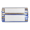 White clutch with blue and gold decorative band on a white background
