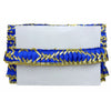 Blue clutch with gold accents on a white background