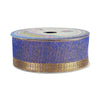 Roll of blue and gold ribbon on a white background