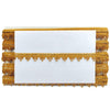 Gold decorative ribbon with a white card on a white background