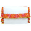 White pouch with colorful ruffled top on a white background