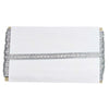 White clutch bag with silver embellishments on a white background