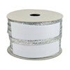 Spool of white ribbon with silver edge on a white background