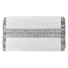 White clutch with silver embellishments on a white background
