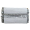 White clutch with silver fringe on a white background