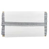 White clutch with decorative black and silver trim on a white background