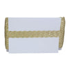White clutch with gold glittery edge on a white background