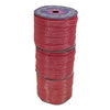 Stack of red spools with a blue label on a white background