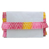 Colorful ruffled clutch bag on a white background