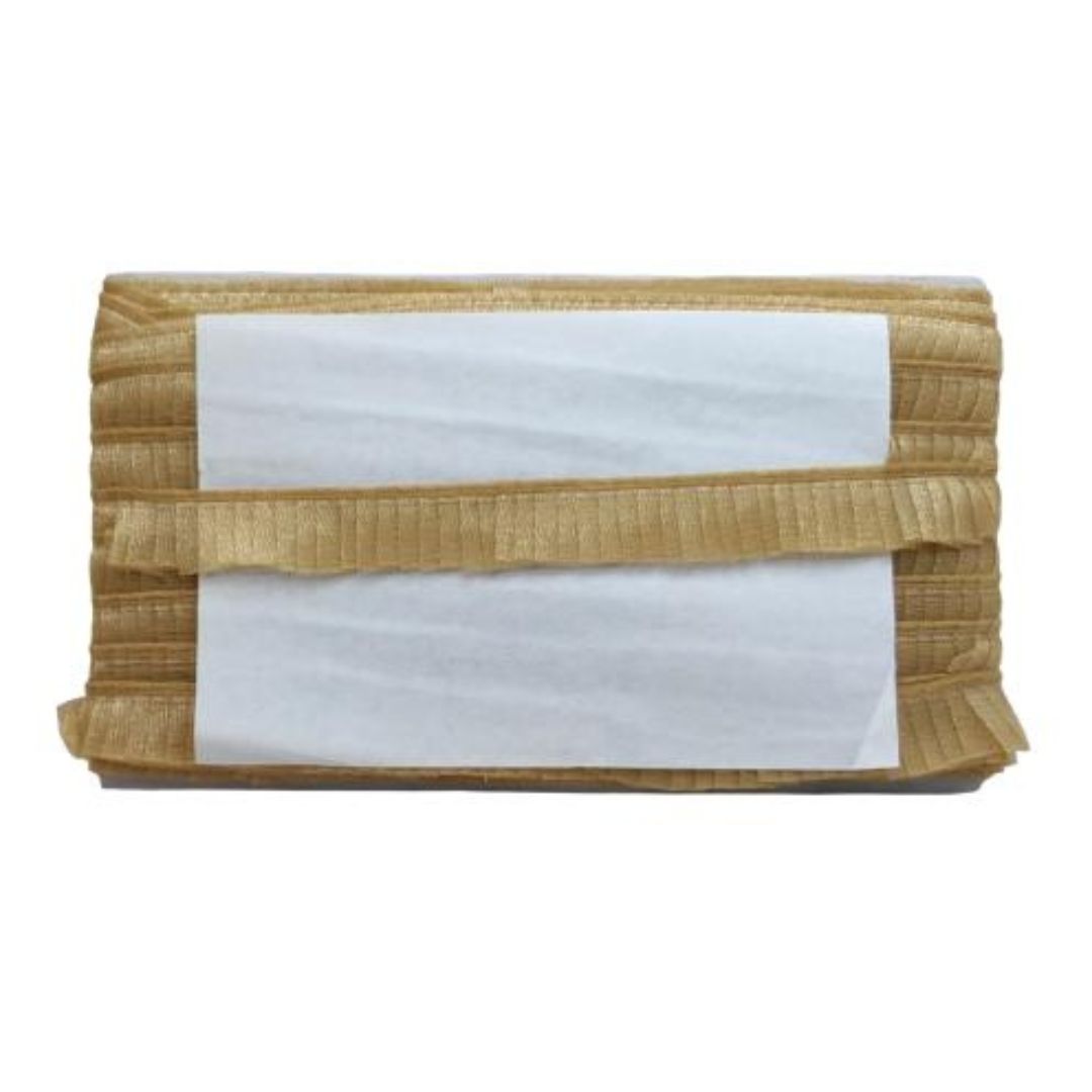 Folded woven mat with a white center on a white background