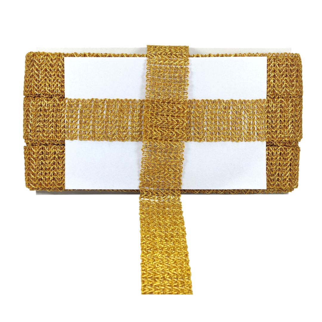 Gold woven belt with a white center on a white background