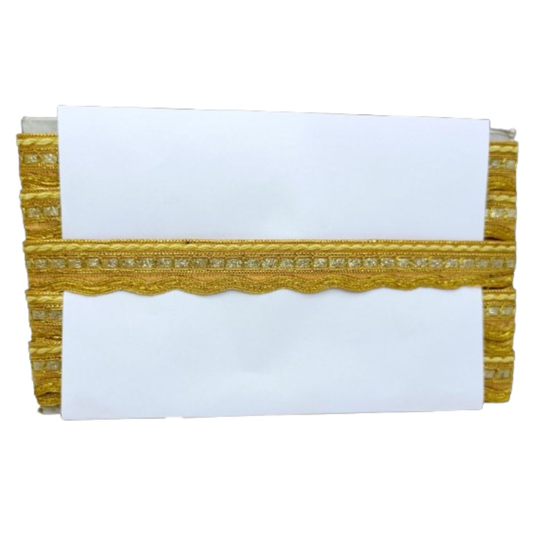 White paper with gold decorative border on a white background