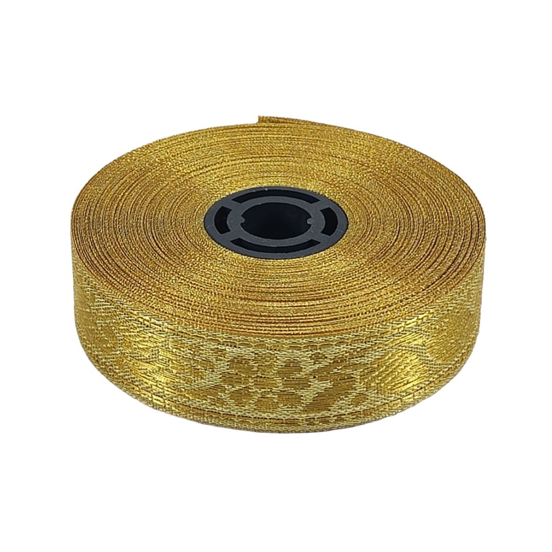 Roll of gold woven tape on a white background